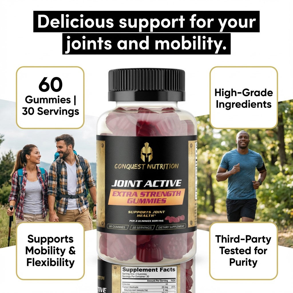 Conquest Nutrition Joint Active Extra Strength Gummies bottle with lifestyle images of people outdoors.