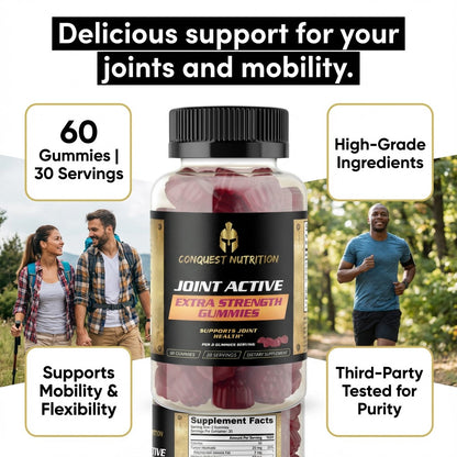 Conquest Nutrition Joint Active Extra Strength Gummies bottle with lifestyle images of people outdoors.
