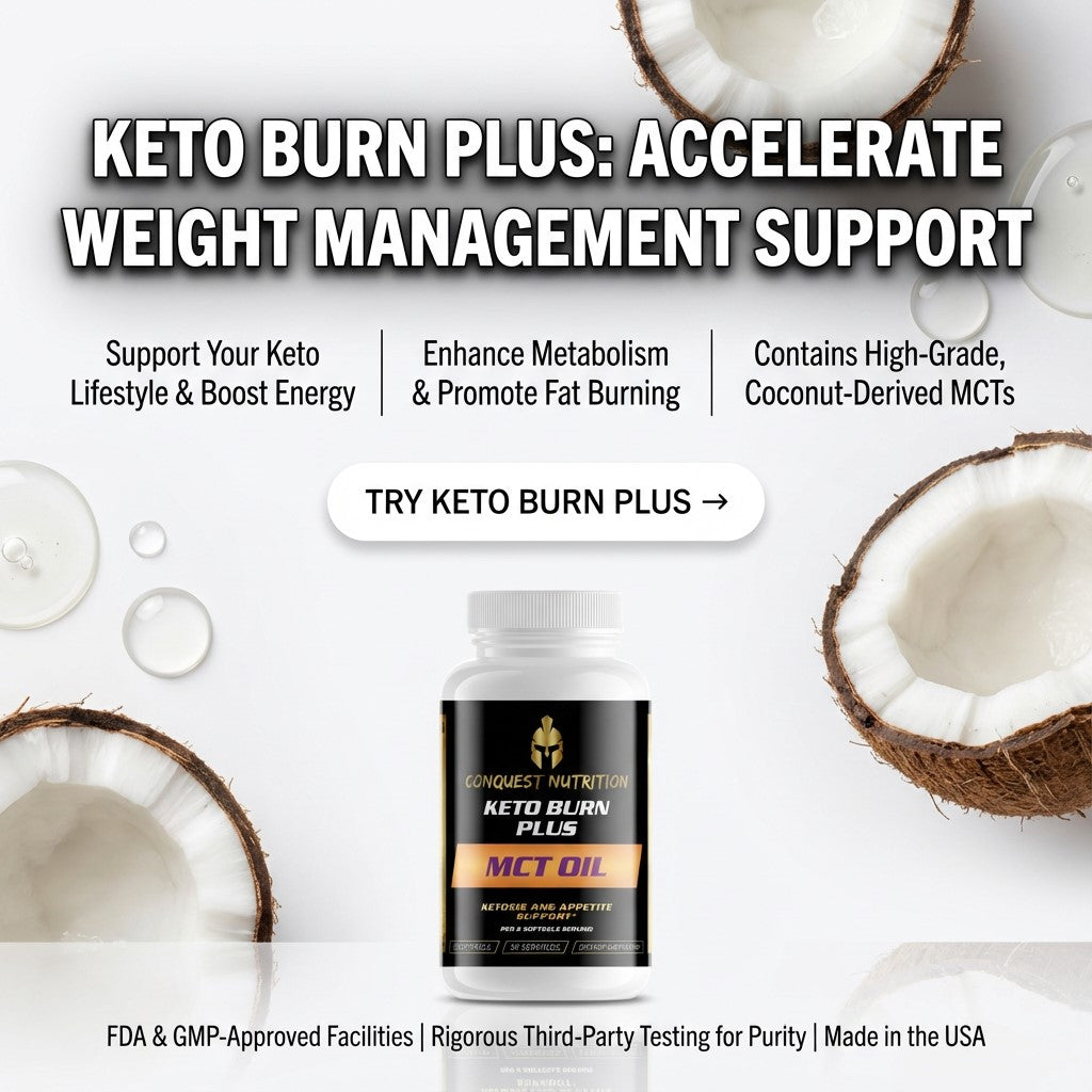 Keto Burn Plus supplement bottle with coconuts on a white background