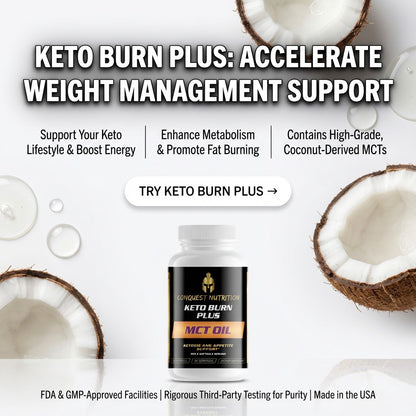 Keto Burn Plus supplement bottle with coconuts on a white background