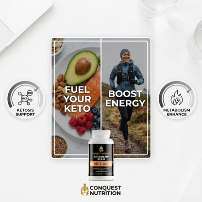 Conquest Nutrition MCT oil bottle with lifestyle images and text on a white background