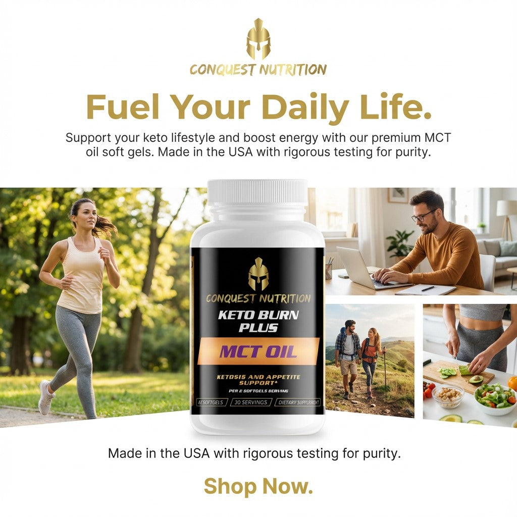 Conquest Nutrition MCT oil supplement with lifestyle images and promotional text.
