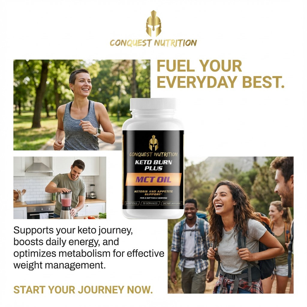 Conquest Nutrition MCT oil bottle with lifestyle images and promotional text on a white background