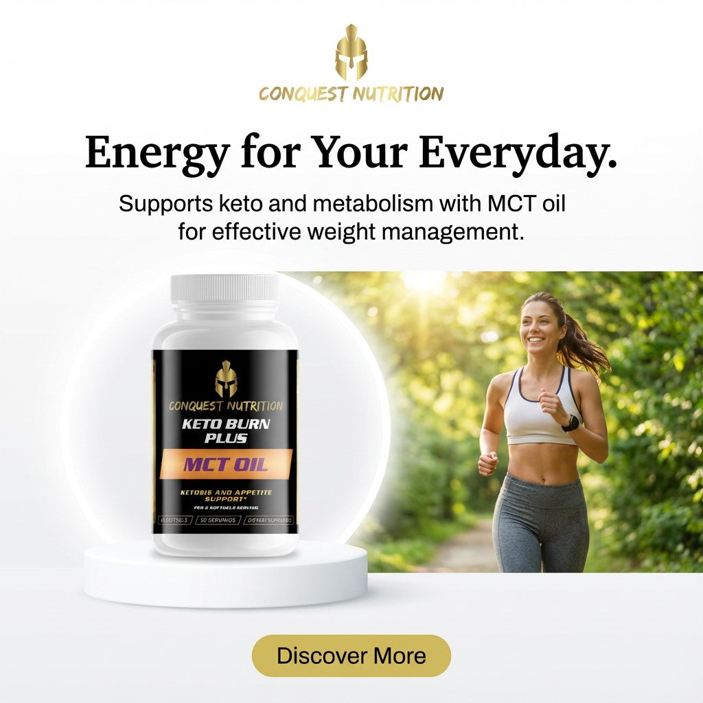 Conquest Nutrition Keto Burn Plus MCT Oil supplement bottle with a woman exercising outdoors.