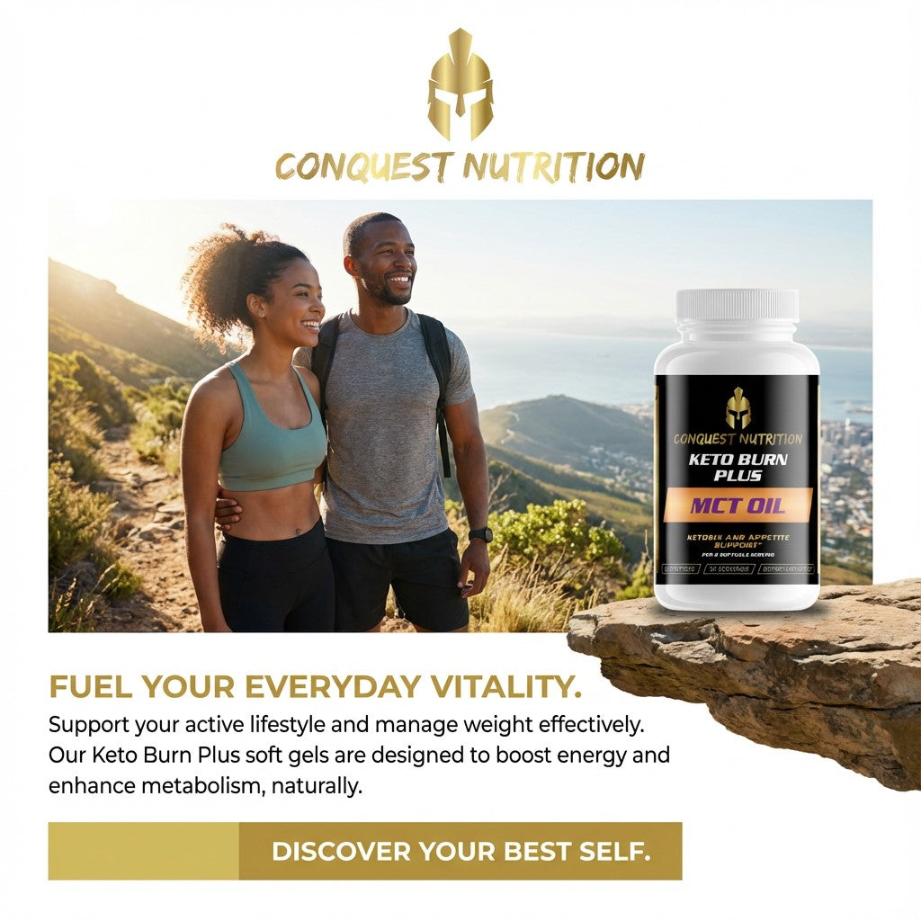 Conquest Nutrition Keto Burn Plus MCT Oil supplement bottle with a couple hiking in the background