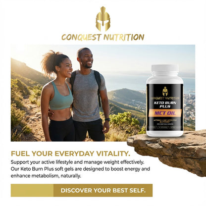 Conquest Nutrition Keto Burn Plus MCT Oil supplement bottle with a couple hiking in the background