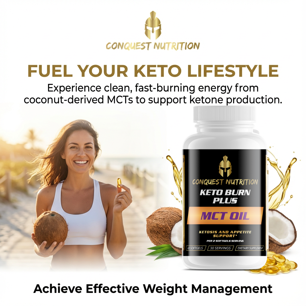 Advertisement for Conquest Nutrition Keto Burn Plus MCT Oil with a woman holding a coconut and a bottle of the product.