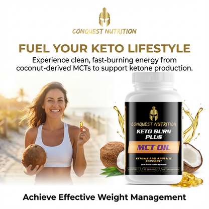Advertisement for Conquest Nutrition Keto Burn Plus MCT Oil with a woman holding a coconut and a bottle of the product.