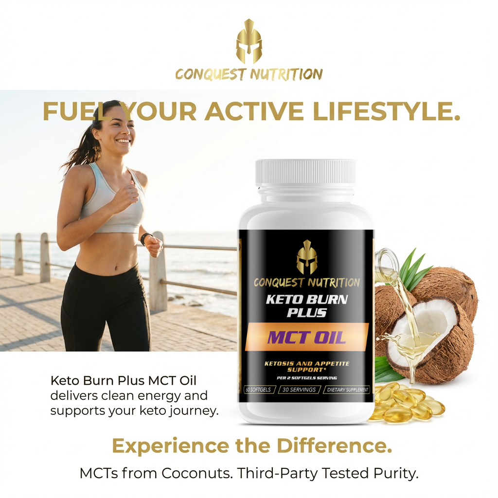 Conquest Nutrition Keto Burn Plus MCT Oil supplement bottle with a woman exercising in the background.