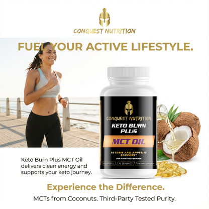 Conquest Nutrition Keto Burn Plus MCT Oil supplement bottle with a woman exercising in the background.