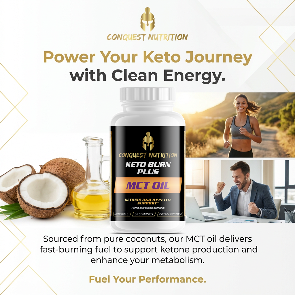 Conquest Nutrition MCT oil supplement with coconuts and a person running, promoting a keto diet.