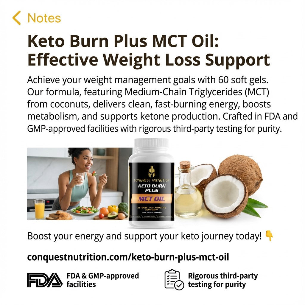 Advertisement for Keto Burn Plus MCT Oil with product image, text about weight loss support, and branding elements.