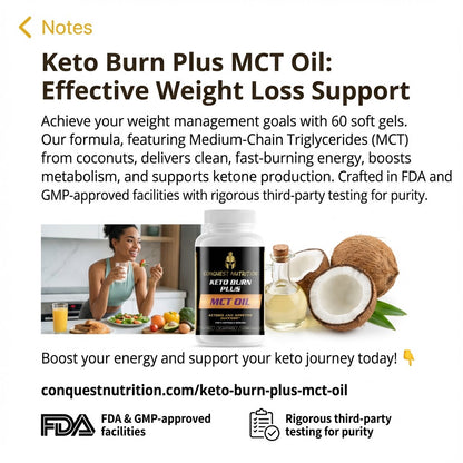 Advertisement for Keto Burn Plus MCT Oil with product image, text about weight loss support, and branding elements.