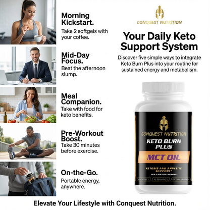 Advertisement for Conquest Nutrition Keto Burn Plus MCT Oil with lifestyle images and product details.