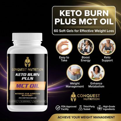 Conquest Nutrition Keto Burn Plus MCT Oil supplement bottle with features on a dark background