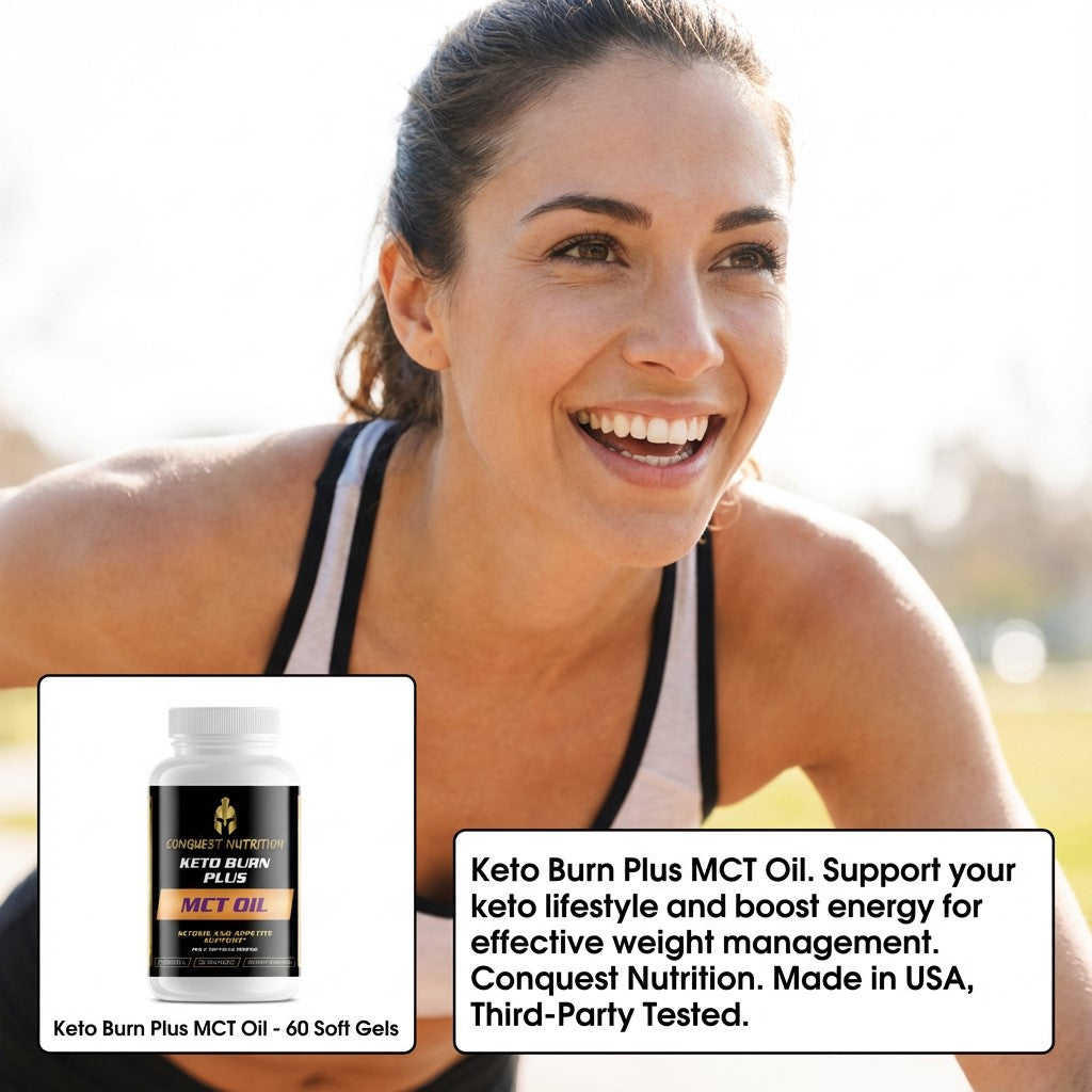 Woman outdoors with a supplement bottle and text overlay for Keto Burn Plus MCT Oil.
