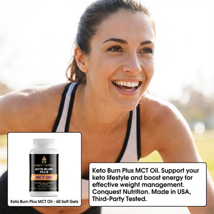 Woman outdoors with a supplement bottle and text overlay for Keto Burn Plus MCT Oil.