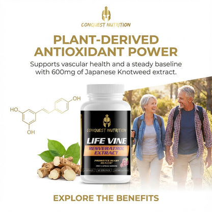 Advertisement for Conquest Nutrition Life Vine Resveratrol Extract with a couple walking outdoors.