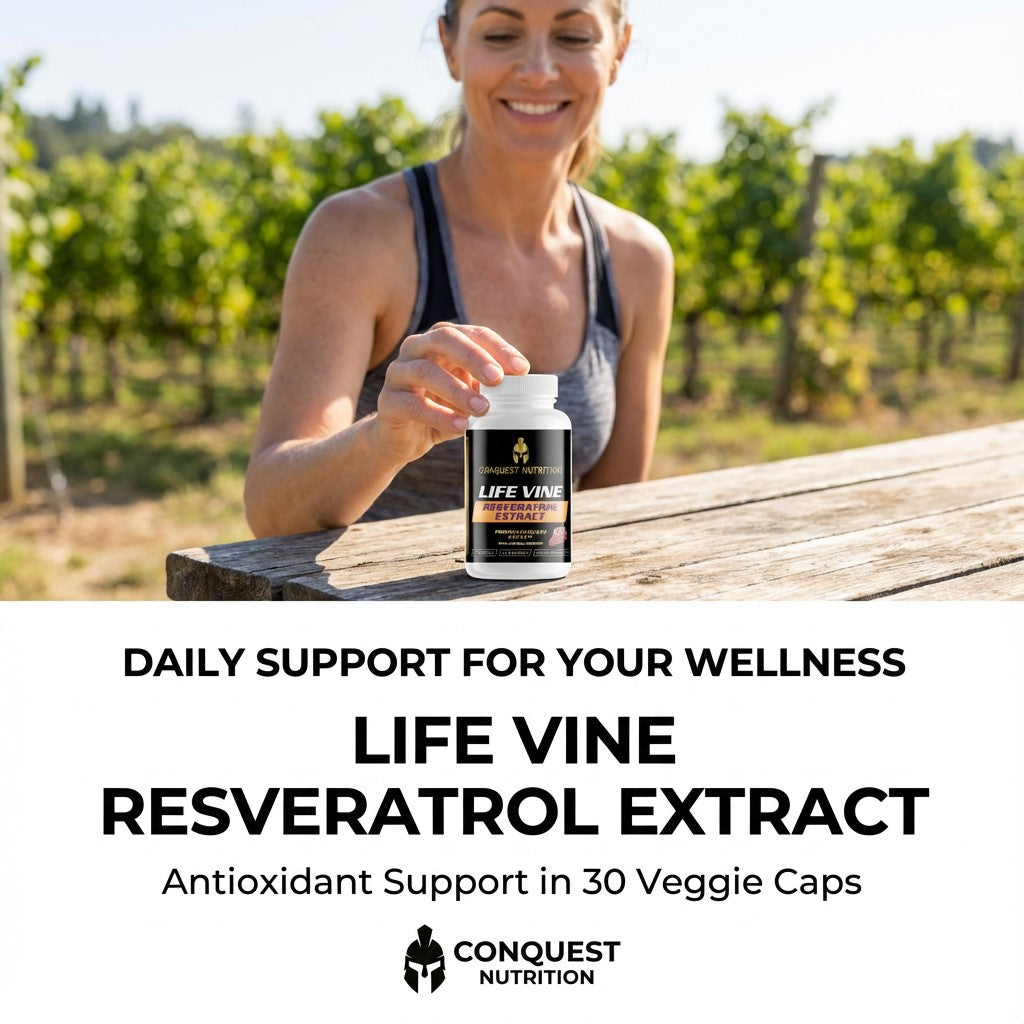 Woman holding a bottle of Life Vine Resveratrol Extract in a vineyard setting with promotional text overlay.