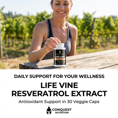 Woman holding a bottle of Life Vine Resveratrol Extract in a vineyard setting with promotional text overlay.
