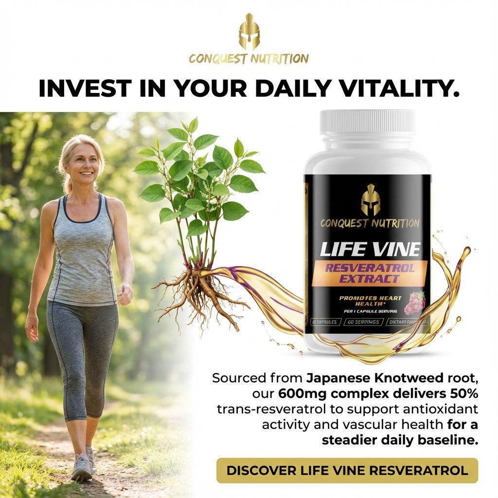 Advertisement for Conquest Nutrition Life Vine Resveratrol Extract with a woman walking outdoors.