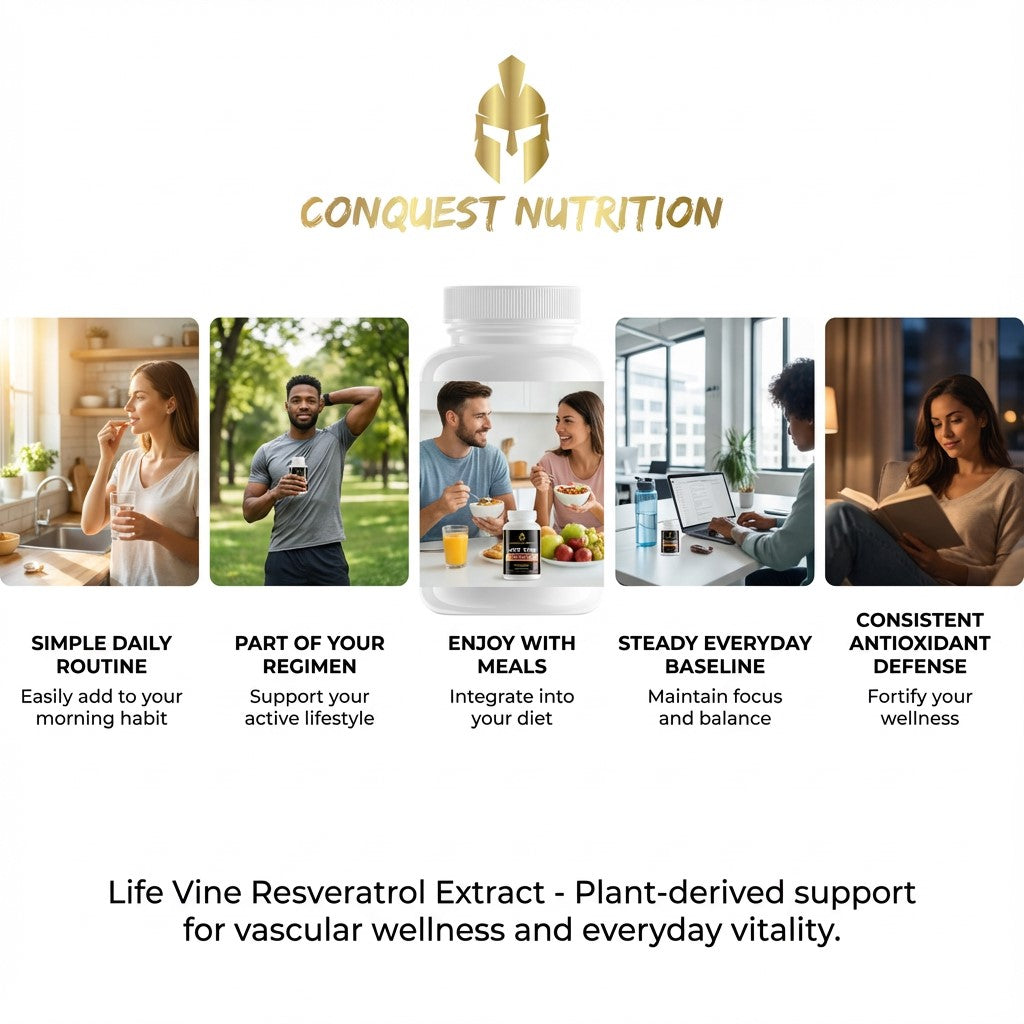 Advertisement for Conquest Nutrition Life Vine Resveratrol Extract with lifestyle images and product packaging.