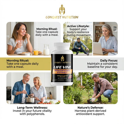 Advertisement for Conquest Nutrition Life Vine product with lifestyle images and text.