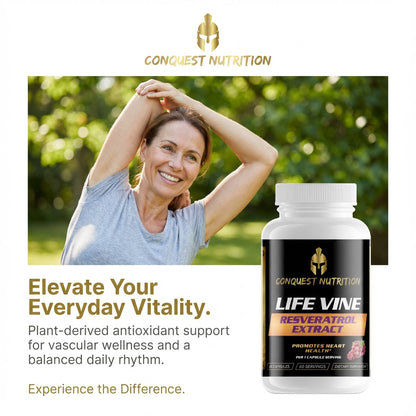Advertisement for Conquest Nutrition Life Vine supplement with a woman stretching outdoors.