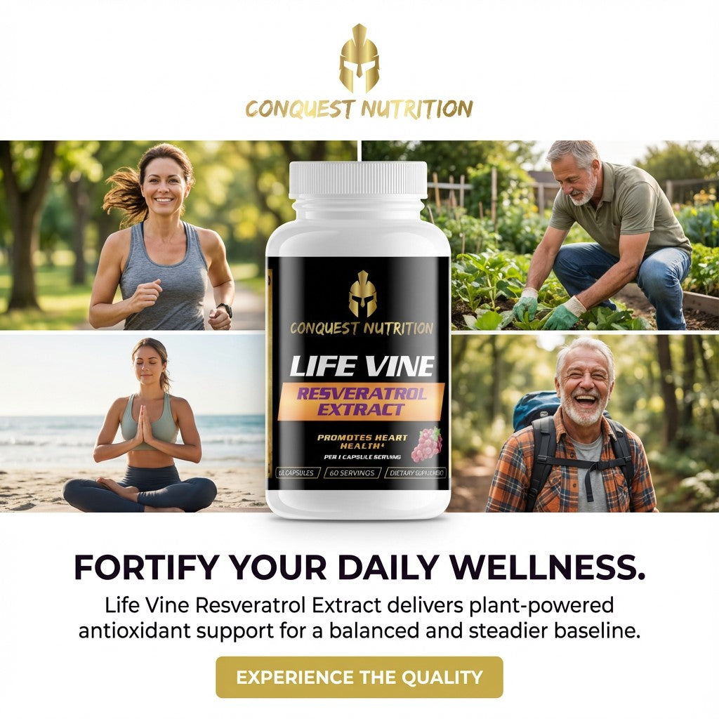 Conquest Nutrition Life Vine Resveratrol Extract supplement bottle with lifestyle images and promotional text.