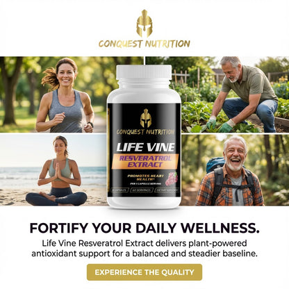 Conquest Nutrition Life Vine Resveratrol Extract supplement bottle with lifestyle images and promotional text.