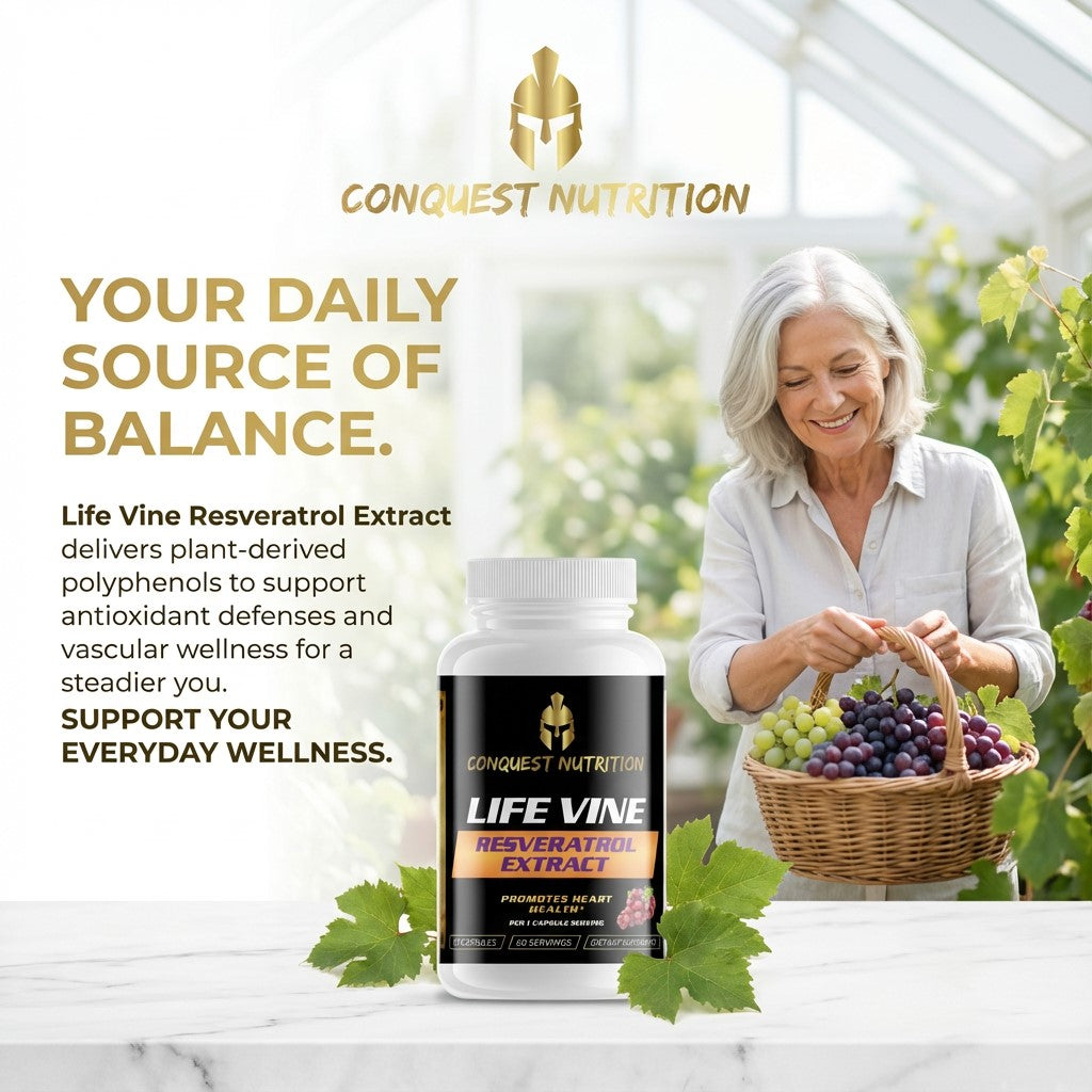 Conquest Nutrition Life Vine supplement bottle with a woman holding grapes in a garden setting.