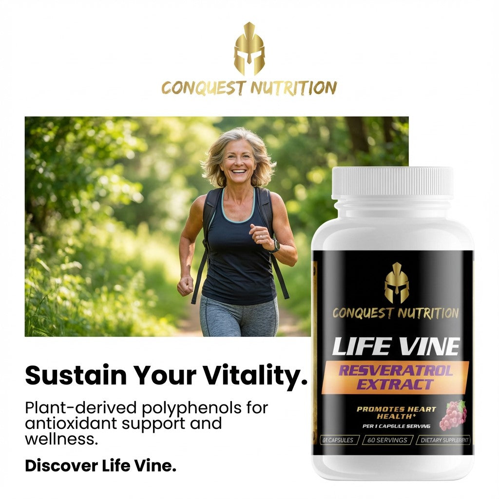 Conquest Nutrition Life Vine supplement bottle with a woman walking outdoors.