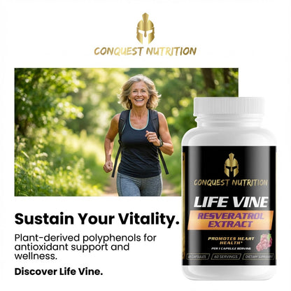 Conquest Nutrition Life Vine supplement bottle with a woman walking outdoors.