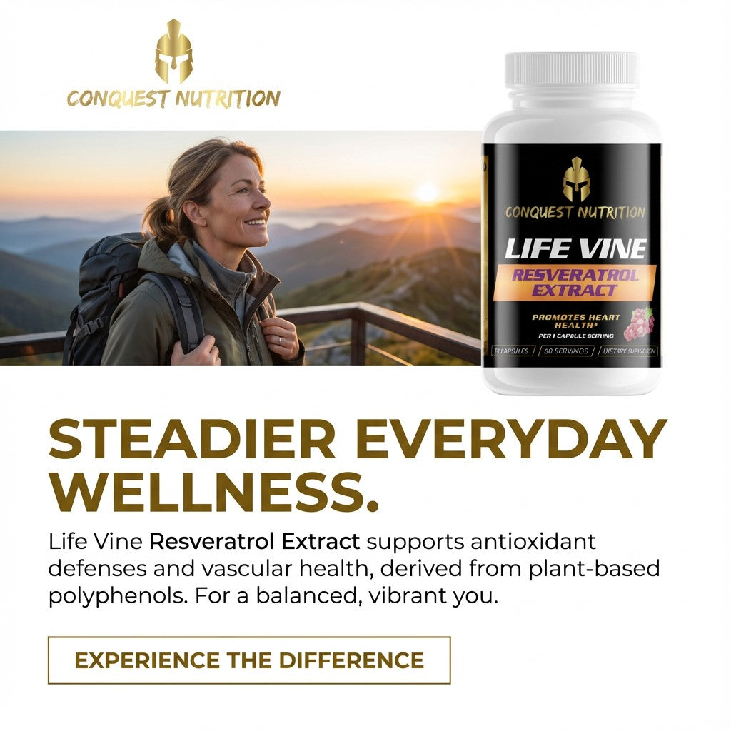 Conquest Nutrition Life Vine Resveratrol Extract supplement bottle with a scenic background and text about wellness.
