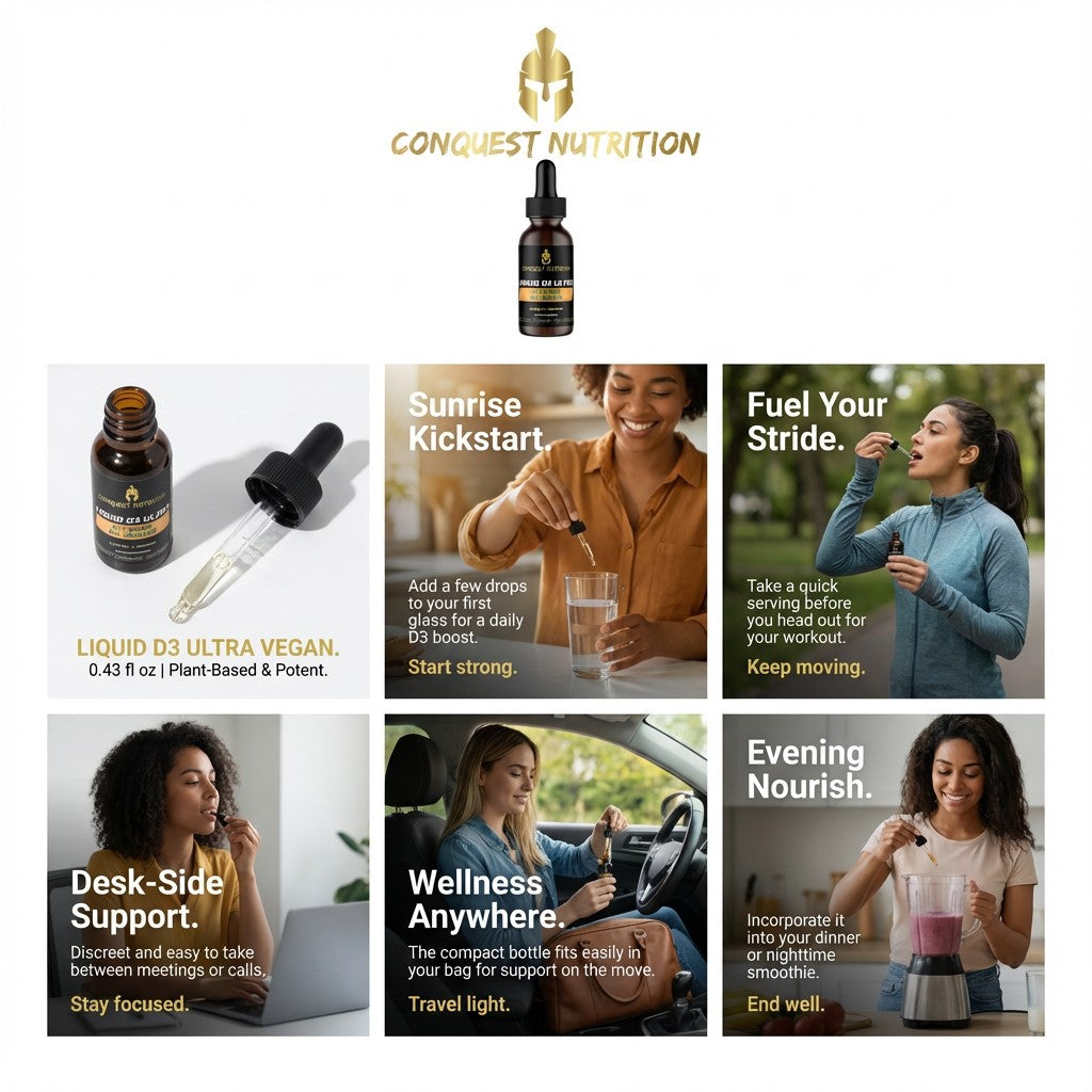 Promotional collage for Conquest Nutrition products with text and images of people using the products.