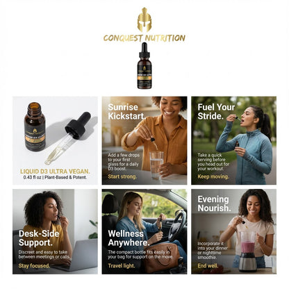 Promotional collage for Conquest Nutrition products with text and images of people using the products.