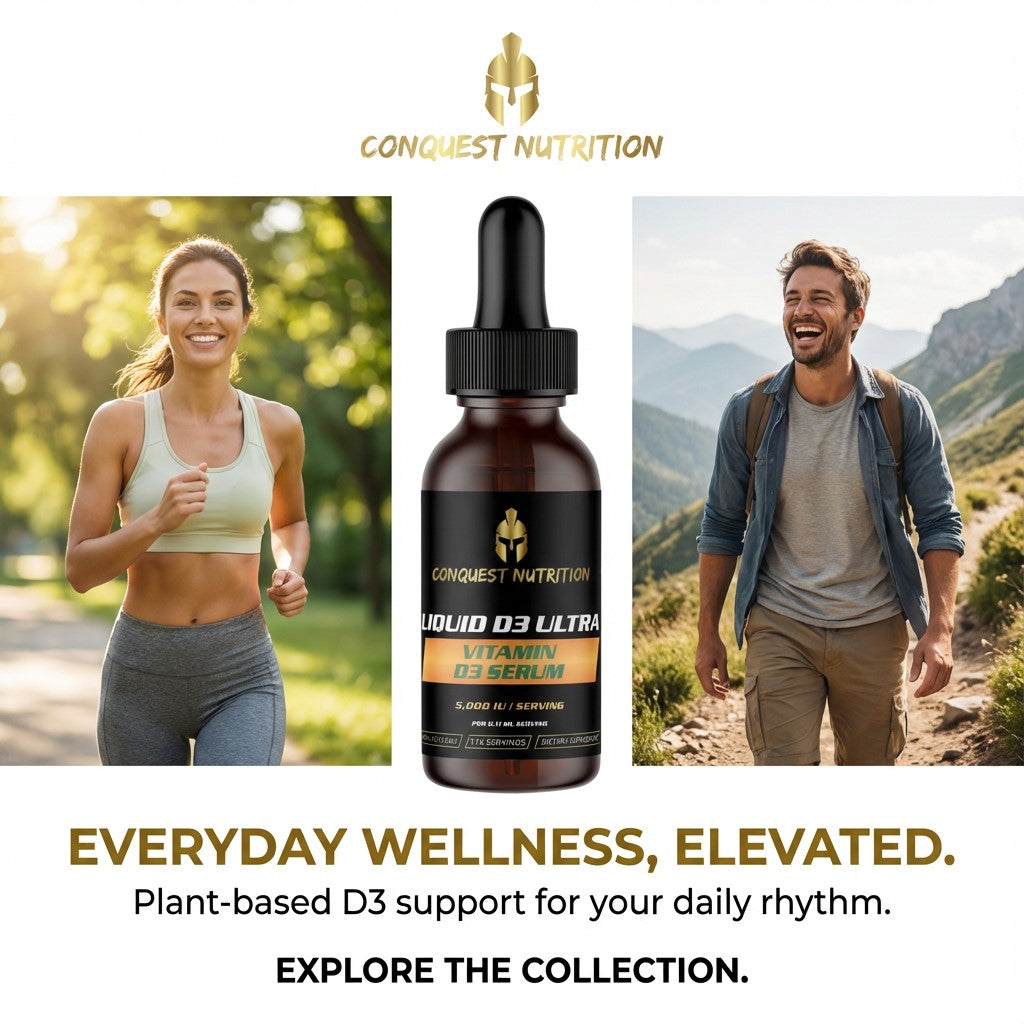 Conquest Nutrition Liquid D3 Ultra supplement bottle with lifestyle images of a woman and man outdoors, and promotional text.