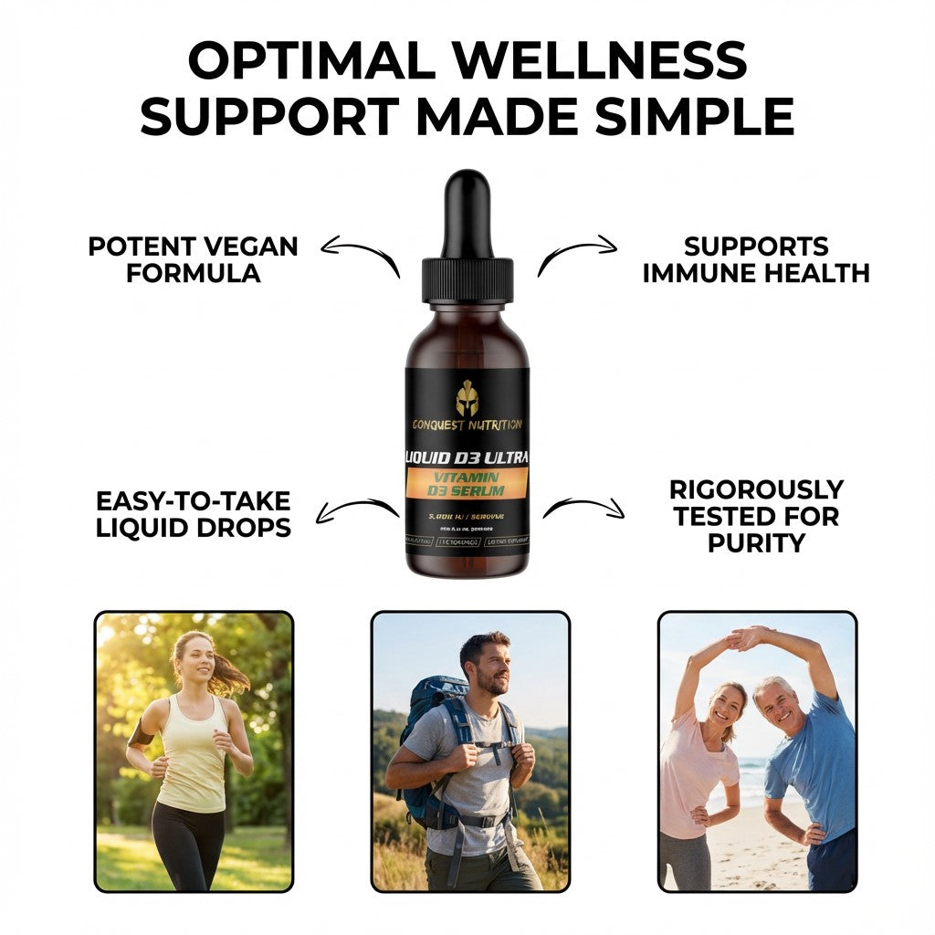 Bottle of liquid supplement with text highlighting benefits, surrounded by people exercising outdoors.