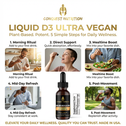 Advertisement for Conquest Nutrition Liquid D3 Ultra Vegan supplement with usage instructions and product display.
