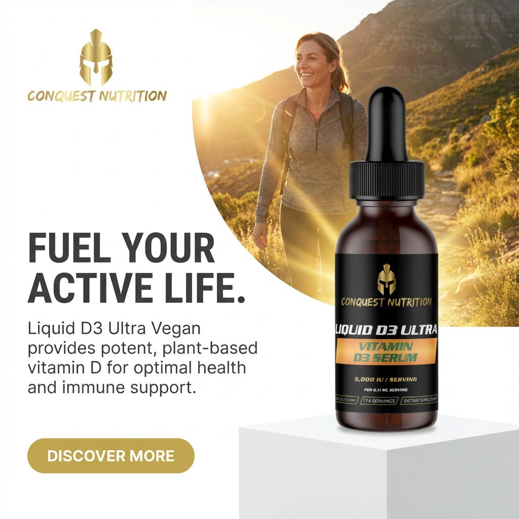 Conquest Nutrition Liquid D3 Ultra Vegan vitamin bottle with a woman in the background