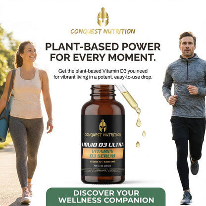 Advertisement for Conquest Nutrition Liquid D3 Ultra Vitamin D3 Serum with a woman walking and a man running.