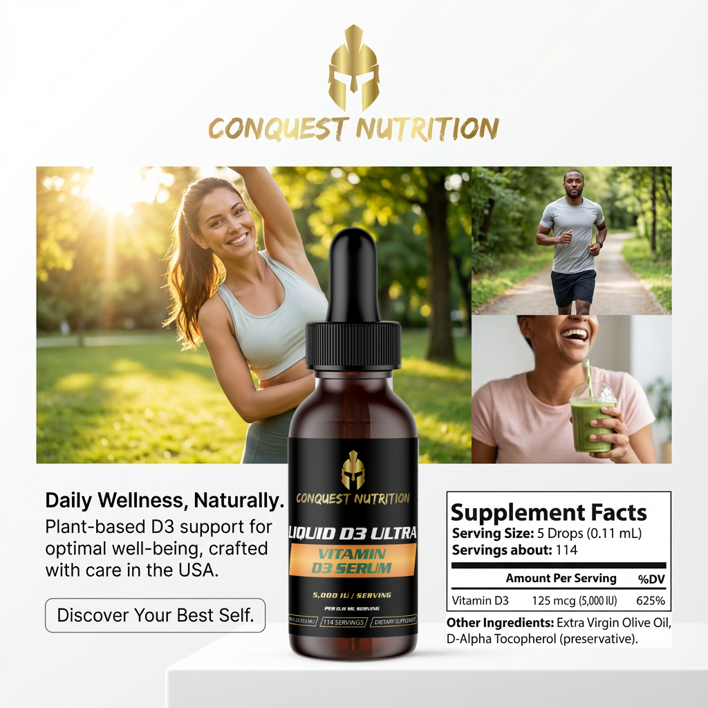 Conquest Nutrition vitamin D3 supplement bottle with lifestyle images of people exercising and drinking a green smoothie.