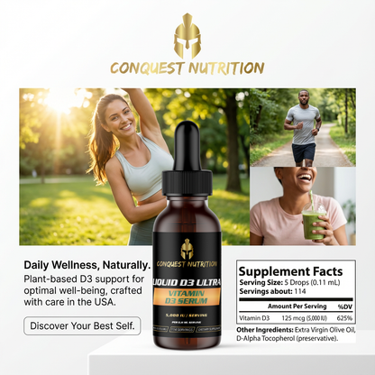 Conquest Nutrition vitamin D3 supplement bottle with lifestyle images of people exercising and drinking a green smoothie.