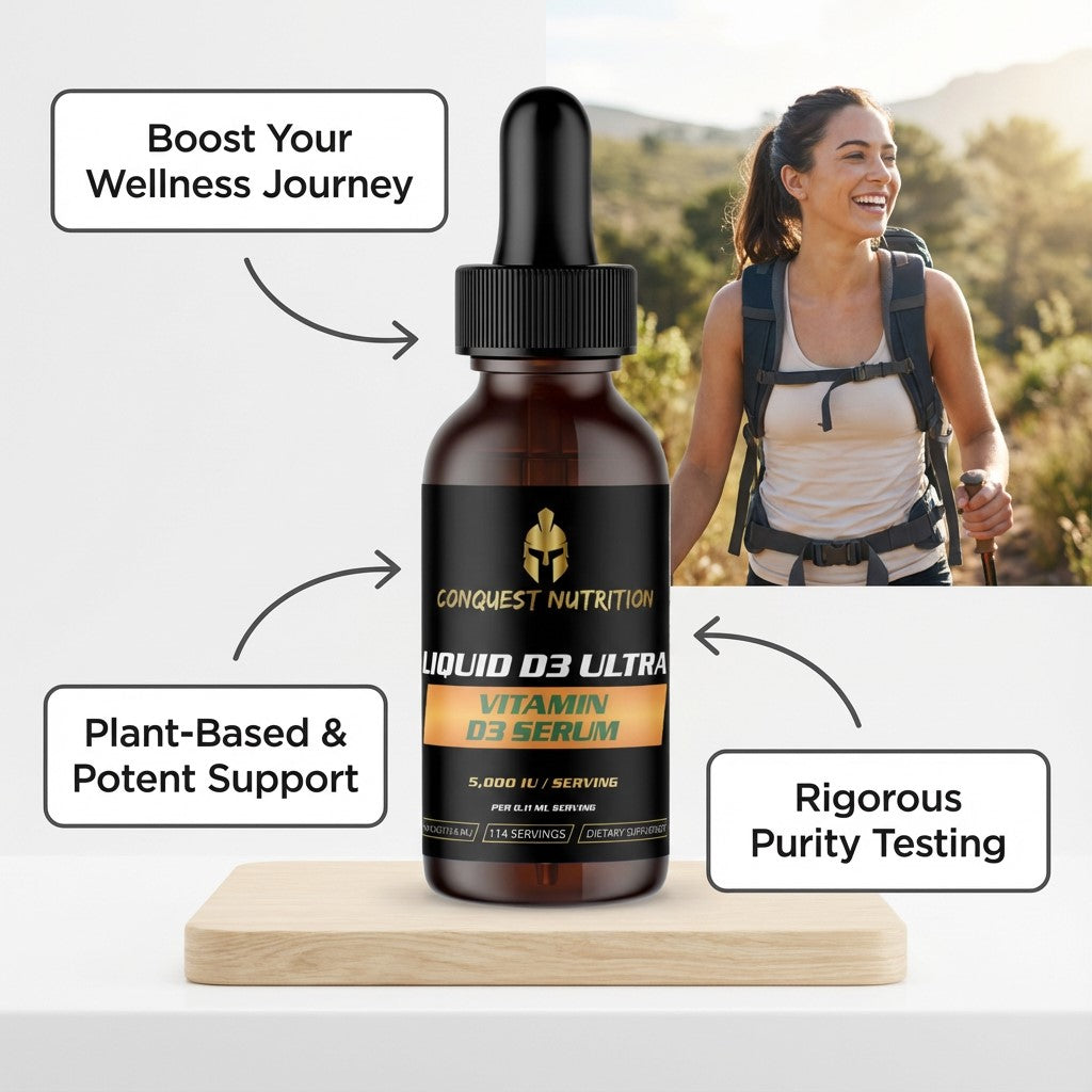 Conquest Nutrition Liquid D3 Ultra bottle with a woman hiking in the background
