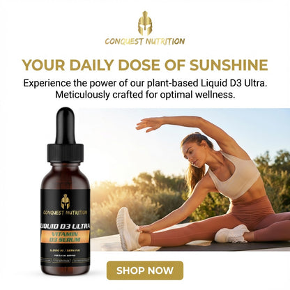 Conquest Nutrition Liquid D3 Ultra bottle with a woman exercising outdoors, promoting wellness.