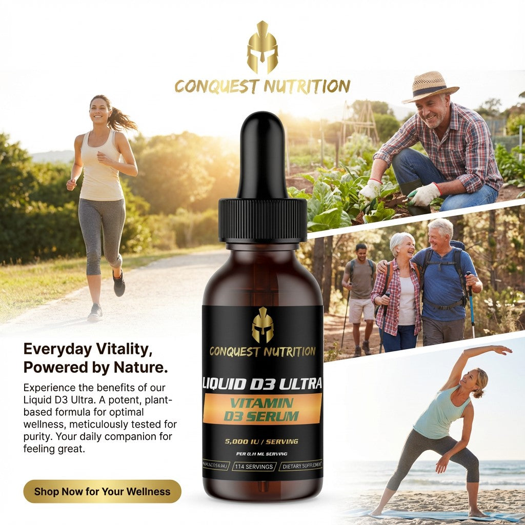 Conquest Nutrition Liquid D3 Ultra bottle with lifestyle images of people outdoors.
