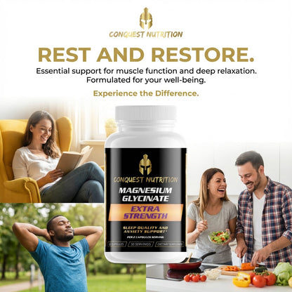 Conquest Nutrition magnesium supplement with lifestyle images and text about muscle function and relaxation.