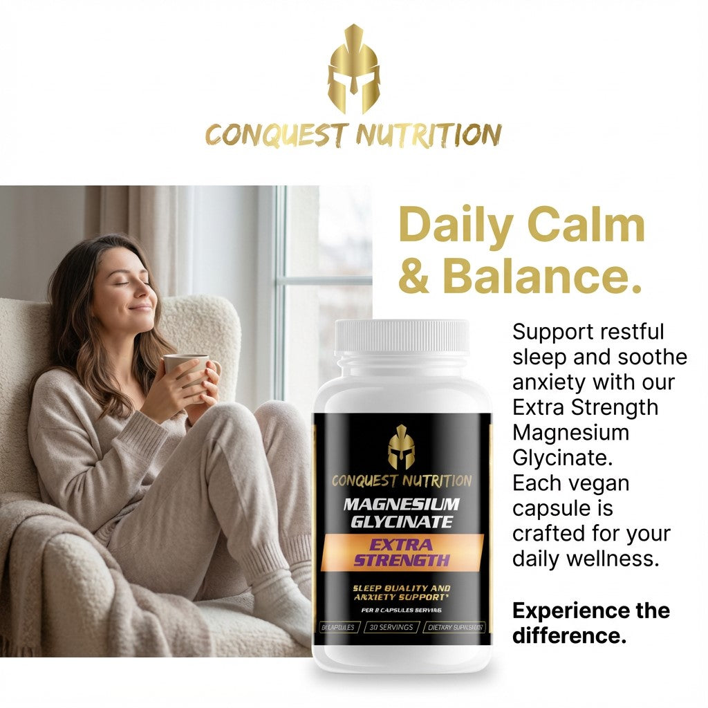 Woman relaxing with a cup of coffee next to a bottle of Conquest Nutrition Magnesium Glycinate Extra Strength.