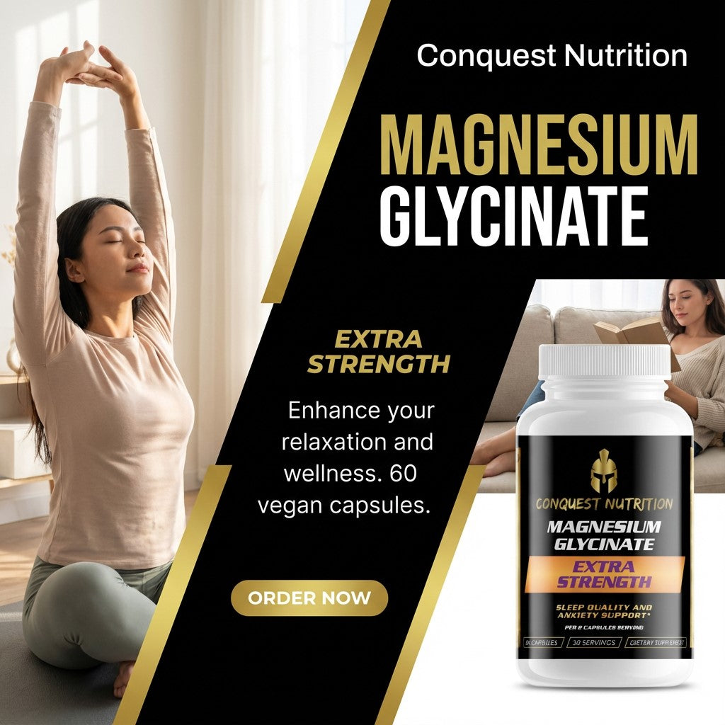 Advertisement for Conquest Nutrition Magnesium Glycinate Extra Strength supplement with a woman stretching in the background.