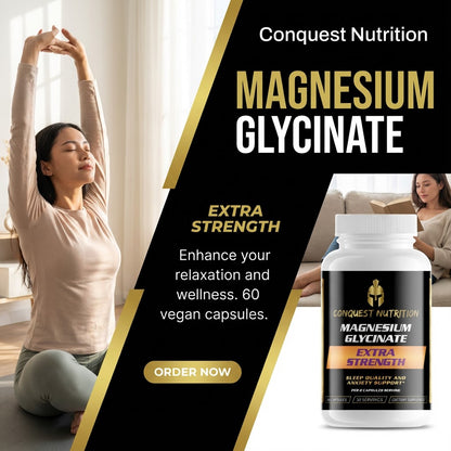 Advertisement for Conquest Nutrition Magnesium Glycinate Extra Strength supplement with a woman stretching in the background.